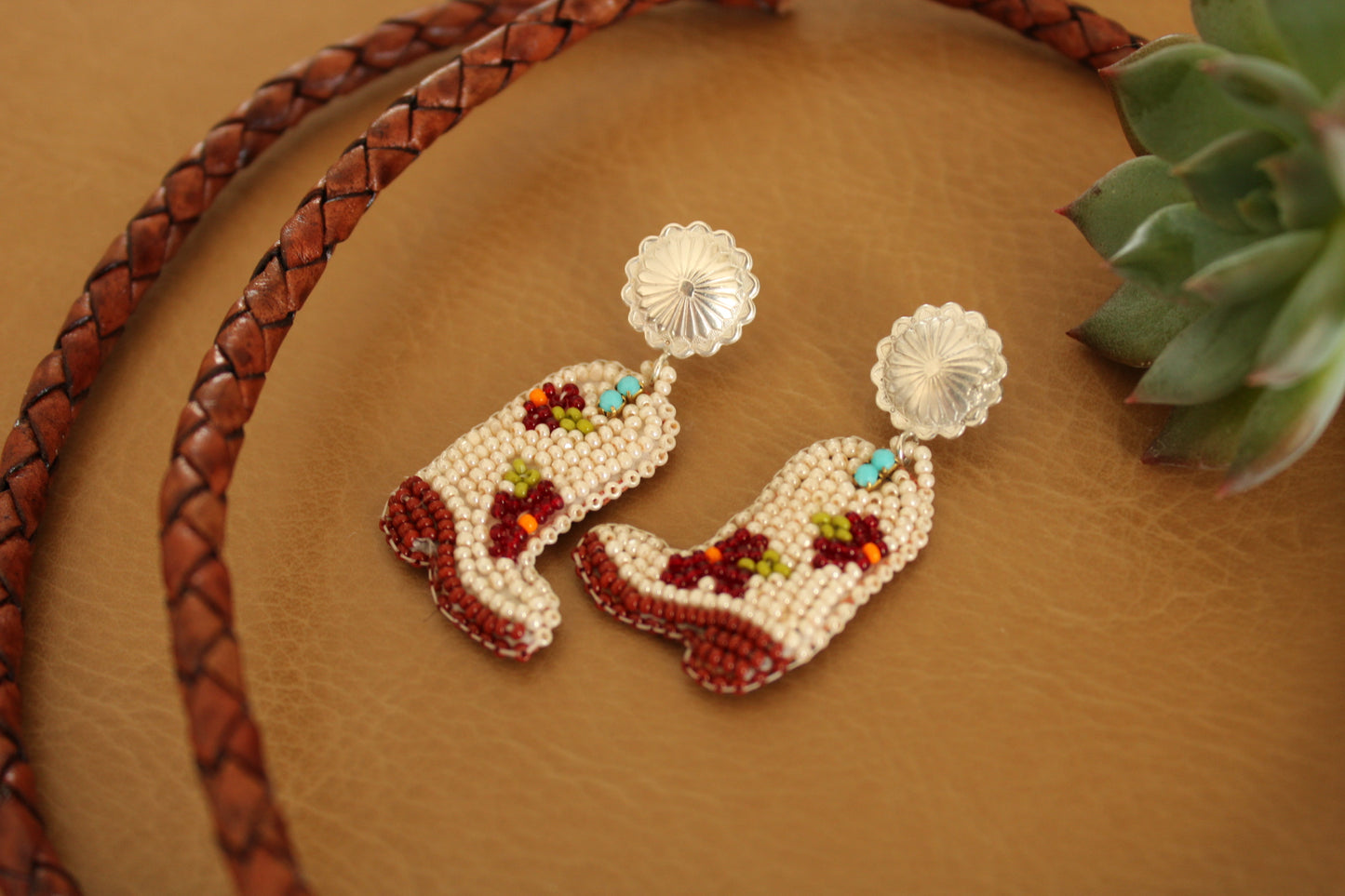 Beaded Cowboy Boot Earrings in Cream