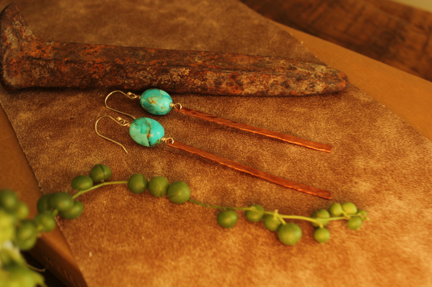 Hammered Copper Bar Earrings With Turquoise