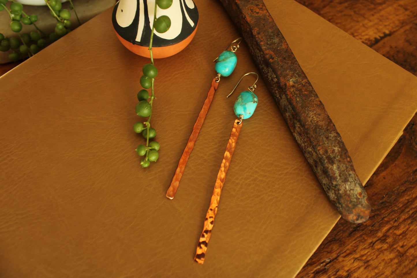 Hammered Copper Bar Earrings With Turquoise