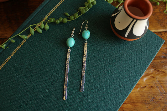 Hammered Silver Bar Earrings With Turquoise