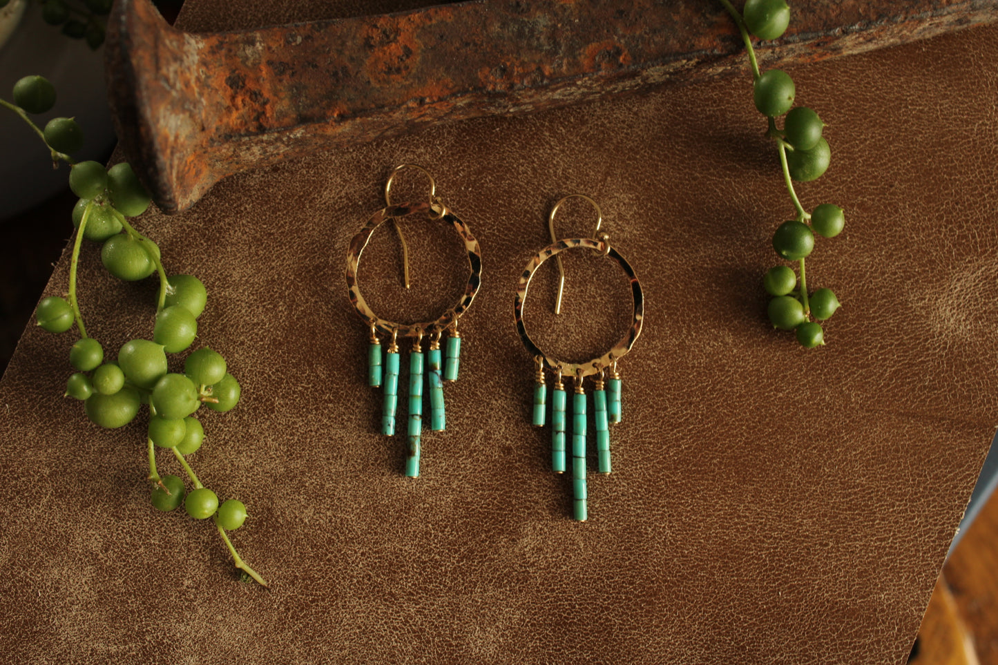 Hammered Gold Hoop Earrings With Turquoise