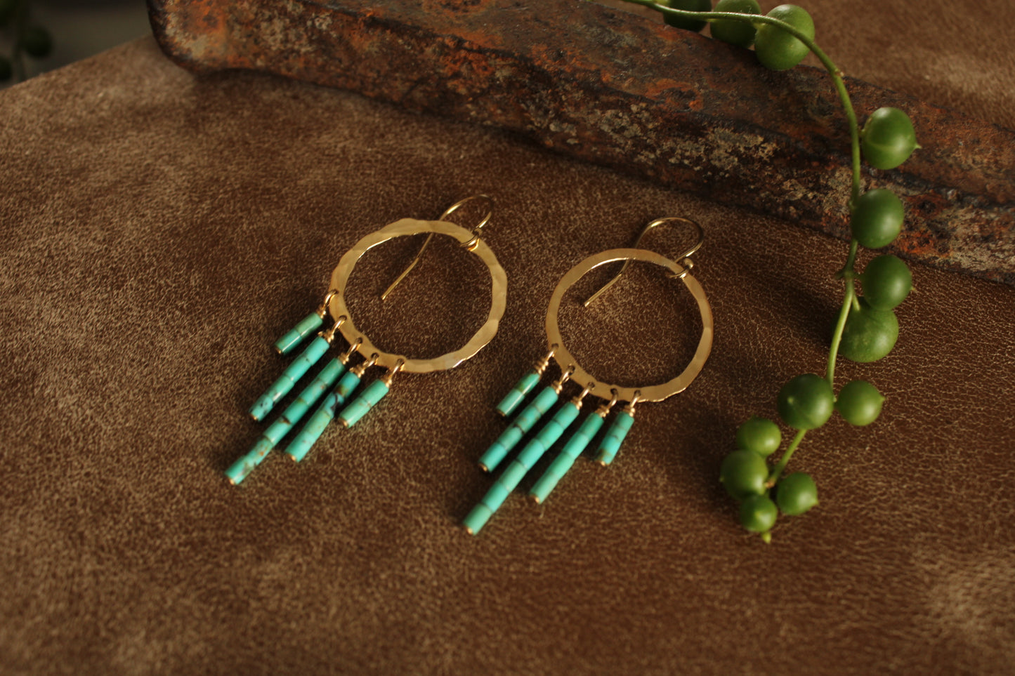 Hammered Gold Hoop Earrings With Turquoise