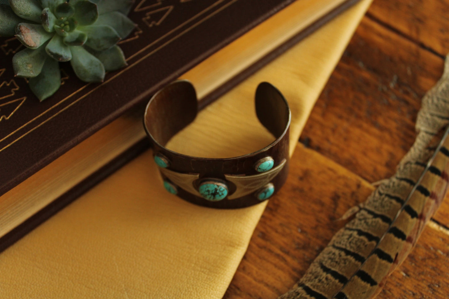 Five Stone Turquoise Cuff With Silver Engraving